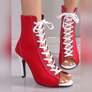 Canvas Red Lace-Up Peep Toe Stiletto Heeled Boots